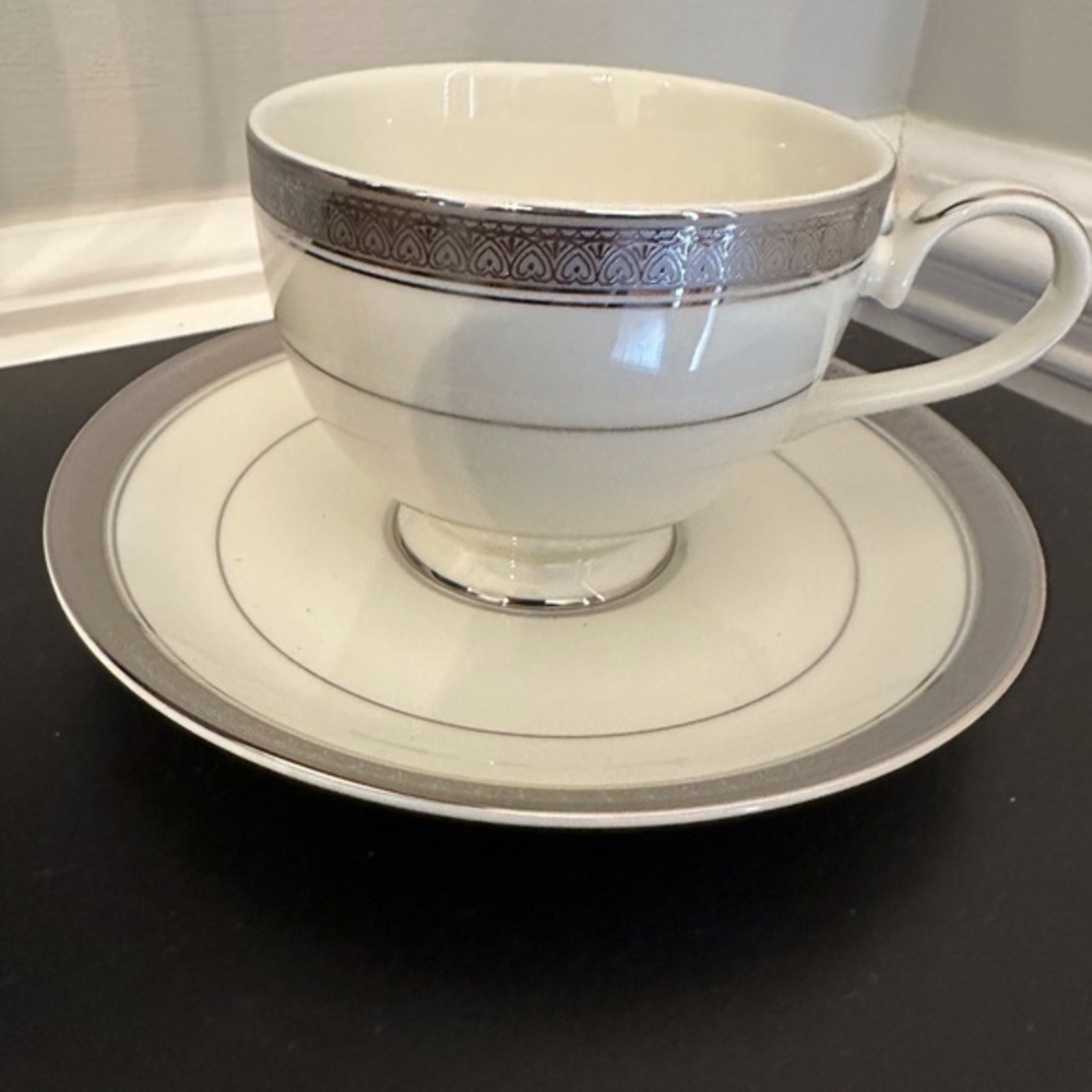 Mikasa Elegant White and Silver Teacup and Saucer Set